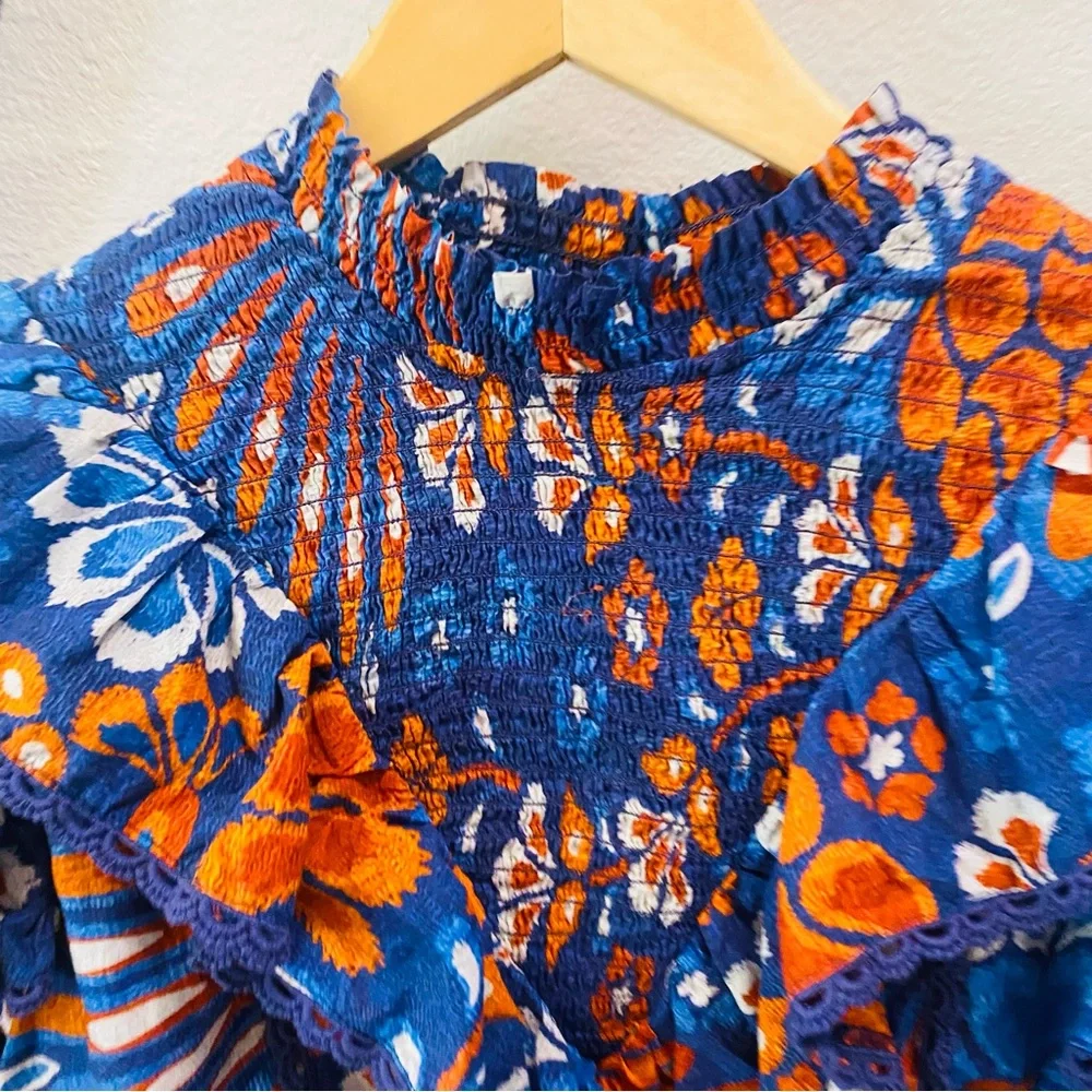 FARM RIO Smocked Pineapple Flowers Navy Blue Blouse Size Small - Picture 8 of 13